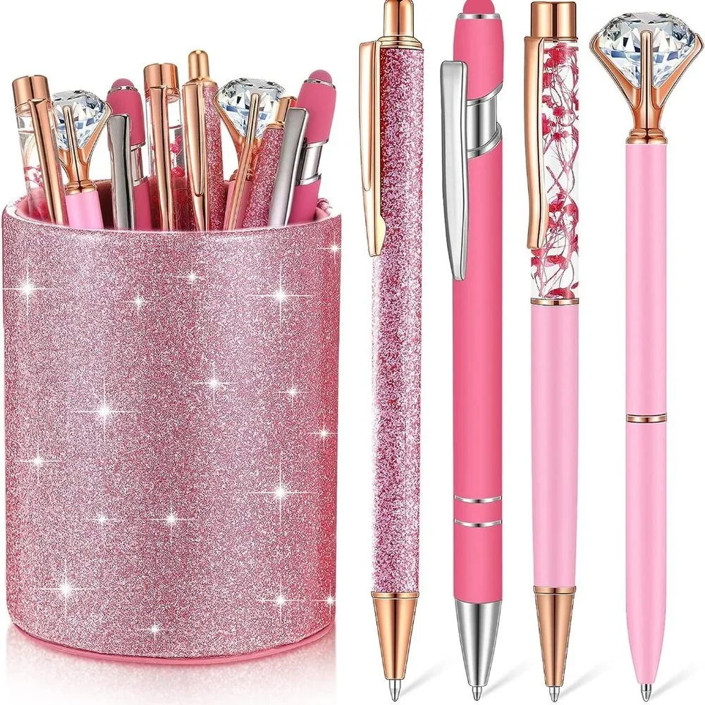 NWT Sparkling Bling Glitter Cup With 8 Ballpoint Pen Set Desk Set + FREE Gift - Picture 2 of 9
